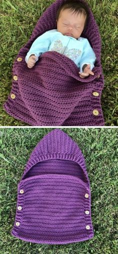 a baby sleeping in a purple crochet blanket on the grass with text overlay that says, sleep sack crochet pattern