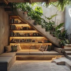 an indoor living area with stairs and bookshelves, potted plants on either side