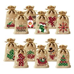 six bags with christmas decorations on them