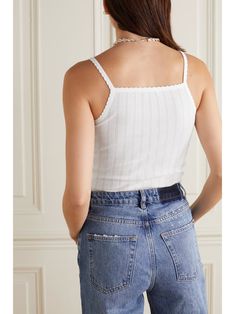 LESET Pointelle-knit cotton-jersey tank | NET-A-PORTER Scalloped Neckline, Cami Nyc, Cashmere Accessories, Sun With Sunglasses, Cashmere Turtleneck, Short Mini Dress, Cashmere Cardigan, Jersey Top, White Tank Top