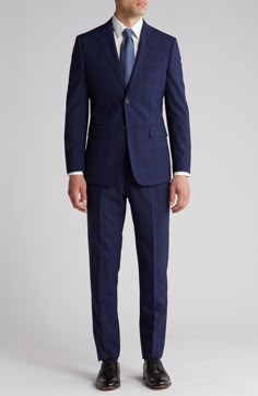 A subtle plaid elevates this trim-fit suit tailored from a wool blend with a hint of stretch and notched lapels. 36 1/4" inseam; 7 3/4" leg opening; 10 1/2" rise (size 38R) Jacket has notched lapels; chest welt pocket; front flap pockets Unhemmed Lined 90% wool, 10% polyester Dry clean Imported Suits Men Interview, Men Semi Formal Wedding Guest, Elegant Fitted Plaid Suit, Tailored Plaid Suits For Business Casual, Tailored Plaid Suits For Office, Fitted Plaid Business Suits, Fitted Plaid Suits For Business, Fitted Plaid Blazer For Business, Plaid Fitted Blazer For Business