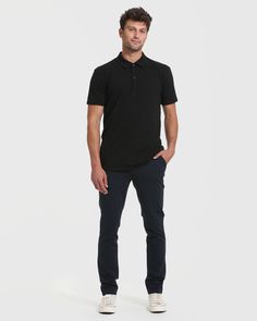 A perfectly-fitted polo for the vertically gifted. Looks sharp, feels soft – get the fit and feel you love, with a longer length for maximum comfort. Features: Perfect fit Premium quality made to last Ultra-soft Lightweight No-itch, screen-printed tag 60% cotton/40% polyester jersey Fit: Fitted in arms and shoulders Room through the body Size up for a looser fit Model is 6'3.5" and wearing size M Black Polo Shirt Outfit, Black Polo Shirt Outfit Men, Polo Shirt Outfit Men, Dress Down Friday, Polo Shirt Outfits, Shirt Outfit Men, Black Polo Shirt, Outfit Check, Comfortable Jeans