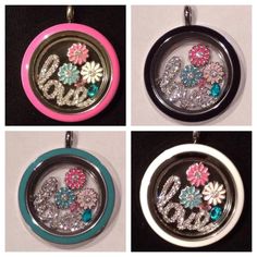 four different necklaces with flowers and the word love written in silver, pink, blue, and green