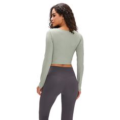 Greyish-green Hollow Out Sports Crop Top Green Fall Activewear For Gym, Green Long Sleeve Activewear For Fall, Green Moisture-wicking Activewear For Fall, Green Moisture-wicking High Stretch Tops, Fitted Long Sleeve Light Green Top, Fitted Light Green Long Sleeve Top, Green Sporty Long Sleeve Top, Green Long Sleeve Yoga Activewear, Green Long Sleeve Activewear For Workout