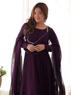 Introducing our stunning "fascinating purple georgette festival wear gown with dupatta" - the perfect outfit for all your festive occasions. This beautiful purple gown is made of high-quality georgette fabric with intricate lace work, giving it an elegant and sophisticated look. The gown is fully stitched and comes in sizes ranging from XS to XXL, ensuring a perfect fit for everyone.
This ensemble include a purple color georgette gown with lace work, a similar color cotton pant, and a georgette Elegant Purple Kurta With Sheer Dupatta, Purple Dabka Anarkali Set For Diwali, Purple Dabka Detailed Anarkali Set, Purple Semi-stitched Anarkali Set With Dabka, Purple Dabka Anarkali Set, Purple Anarkali Set With Dabka Embroidery, Purple Georgette Anarkali Set With Dabka, Semi-stitched Purple Anarkali Set With Dabka, Formal Purple Salwar Kameez With Dabka Work