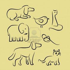 an image of animals and birds drawn in ink on yellow paper stock photo - budget conscious