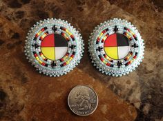 two colorful beaded earrings next to a penny