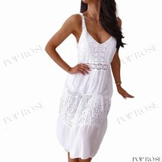 Seductive Lace Patchwork Hollow Out Sling Beach Dress V-neck Sundress Suspender Dress For Beach, Summer V-neck Suspender Dress For Beach, Chic White Suspender Dress For Vacation, Beach Sundress With V-neck Suspender, Summer Halter Neck Suspender Dress For Beach, Halter Neck Suspender Dress For Beach, Summer Beach Suspender Dress With Halter Neck, Summer Beach Halter Neck Suspender Dress, Beach V-neck Suspender Dress For Summer