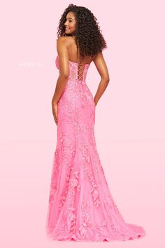 Sherri Hill 54227 bright pink shimmering and beaded strapless long dress with sweetheart neckline, exposed boning and a lace up back. Gown For Prom, Strapless Long Dress, Sherri Hill Prom, Formal Dance, Strapless Lace Dress, Sherri Hill Prom Dresses, Prom Dress Styles, Prom Designs, Pink Prom