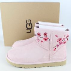 Color: Seashell Pink Size: Us 7 Condition: New With Box The Serial Number Of These Ugg Classic Mini Boots Are "1117317 " As Shown On The Boots. The Number On The Hologram On Each Boot Is Different. Suede Upper Floral Print And Embroidery, Rear Pull Tab 17mm Uggplush 80% Wool, 20% Lyocell Lining 17mm Uggplush 80% Wool, 20% Lyocell Insole Treadlite By Ugg Outsole For Comfort Recycled Polyester Binding Woven Heel Label With Ugg Logo Ugg Mini Rose, Pink Ugg Boots Low, Ugh Boots Pink, Pink Mini Ugg Boots, Ugg Classic Mini Boot, Cute Uggs, Seashell Pink, Pink Uggs, Print And Embroidery