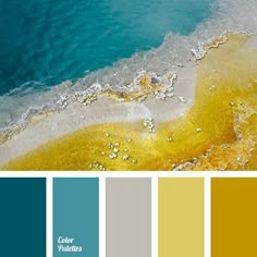 an aerial view of the ocean with yellow and blue colors, including watercolors