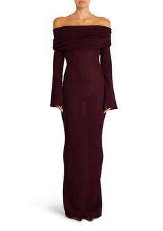 Knit, off-the-shoulder maxi dress with fold over neckline and long, bell sleeves. Shown here in Merlot. 77% Viscose, 23% Polyester Made in China Model is 5'9" wearing size S Style No. 3922-17 Pleated Knit, Summer Neutrals, Long Bell Sleeves, Romper Suit, Knit Maxi Dress, Knit Outerwear, Romper And Jacket, Knit Shoes, Summer Capsule Wardrobe