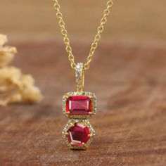 2 Stone red ruby pendant necklace for women, Octagon and Hexagon Shape Ruby pendant necklace for her, Minimalist pendant necklace. *Other Similar Jewelry Available Here* https://www.etsy.com/shop/AreebaJewelry Details:- Gemstone - Ruby  Stone Color Available - Natural Red  Stone Setting - Prong Quality - AAA Grade Rize Size - 16 US TO 20 Inch Available Type - 100% Natural  Shipping service - Free worldwide shipping service About AreebaJewelry:- AreebaJewelry takes great pride in the design and c Ruby Pendant Necklace, Ruby Necklace Pendant, Jewellery Design Sketches, Minimalist Pendant, Ruby Pendant, Ruby Stone, Ruby Jewelry, Stone Setting, July Birthstone