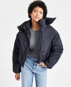 in stock Urban Puffer Outerwear For Cold Weather, Black Quilted Jacket With Detachable Hood For Winter, Urban Puffer Jacket With Adjustable Hood For Fall, Fall Puffer Hooded Jacket For Cold Weather, Urban Puffer Hooded Jacket For Fall, Urban Style Puffer Hooded Jacket For Fall, Urban Hooded Puffer Jacket For Fall, Fall Hooded Outerwear With Ribbed Cuffs, Urban Puffer Jacket With Double-lined Hood For Cold Weather