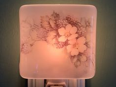 a light that is on above a toilet paper dispenser with flowers painted on it