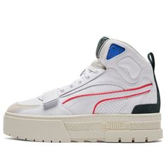 (WMNS) PUMA Mayze Mid 'White' 381253-01 (SNKR/Skate/Light/Casual/Women's/Thick Sole/Breathable/Shock-absorbing) Casual White High-top Skate Shoes, Sporty White Skate Shoes With Contrast Sole, White Mid-top Skate Shoes, White Mid-top Casual Skate Shoes, White Casual High-top Sneakers, Casual White High-top Sneakers, White Synthetic Skate Shoes For Streetwear, White Urban Mid-top Skate Shoes, White Mid-top Skate Shoes With Cushioned Footbed