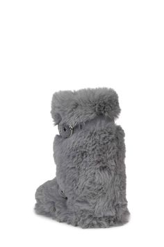 a gray furry boot is shown on a white background