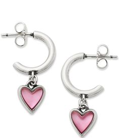 From James Avery, these ear posts feature:Delicate sterling silver hearts are set with layered pink sapphire and mother-of-pearl gemstones, adding a pop of pink to any style or occasion. These James Avery earrings pair beautifully with the Sweetheart Gemstone Necklace or Ring. Sterling silverApprox. 6.4 x 6.4 x 2.75 mm Lab-created Pink Sapphire and Mother of Pearl DoubletThese stones have been layered to achieve a unique color Pink Sterling Silver Huggie Jewelry, Pink Sterling Silver Huggie Earrings, Valentine's Day Small Hoop Sterling Silver Earrings, Pink Sterling Silver Hypoallergenic Hoop Earrings, Pink Sterling Silver Earrings For Mother's Day, Pink Huggie Pierced Jewelry, Pink Sterling Silver Heart Dangle Earrings, Pink Hypoallergenic Sterling Silver Hoop Earrings, Pink Double Heart Sterling Silver Earrings