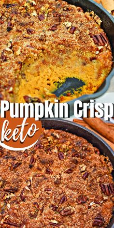 pumpkin crisper keto with pecans on top and in a pan next to it