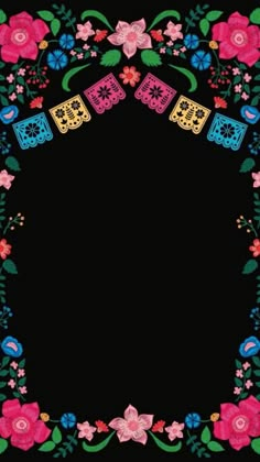 a black background with colorful flowers and plants in the center, on top of it is a