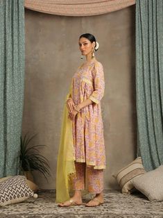 Mohena- Amaltas Peach Yellow Cotton Printed Salwar Suit by Maison Shefali now available at Trendroots Bhopali Kurta, Printed Salwar Suit, Salwar Design, Kurta Pants, Salwar Designs, Yellow Fabric, Summer Staples, Salwar Suit, Suit Set