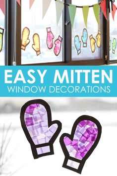 an easy mitten window decoration made out of tissue paper with the words easy mittens on it