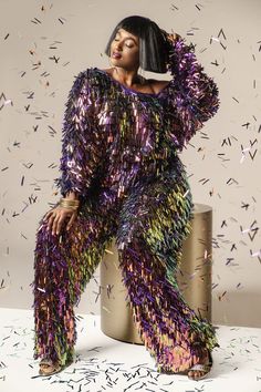 Multicolored Sequin Teardrop Jumpsuit- JIBRI Write Characters, Jumpsuit Off Shoulder, Disco Glam, Sequin Jumpsuit, Special Clothes, Style Mistakes, Full Sleeves, Atlanta Ga, Wedding Attire