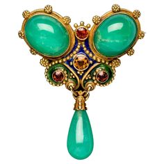 This fine piece of Art Nouveau jewellery has the inscription September 30th 1904 engraved on the reverse. Two oval cabochon chrysoprase, a chrysoprase drop and four round cut citrines in yellow, light and deep orange are mounted in 14 karat gold . The brooch is decorated with blue and green enamel, applied golden flowers and fine beading enhance the design. Art Nouveau Jewellery, Chrysoprase Jewelry, Brooch Art, Jaune Orange, Deep Orange, Jewelry Boards, Antique Brooches, Art Nouveau Jewelry, Enamel Brooch