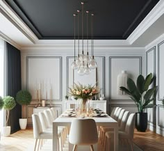 Tray Ceiling Ideas - traditional dining room Design - Trim and crown molding - white and black Dining room Dining Room Dark Ceiling, Beautiful Ceilings Designs Moldings, Dining Room Molding Ideas Trim, Dark Dining Room Ceiling, Black Crown Moulding, Dining Room With Dark Ceiling, Crown Molding In Dining Room, Moody Coffered Ceiling