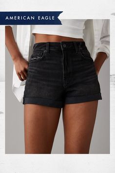 Stretch/Mid-weight denim with just enough stretch for everyday comfort/Won't bag out. Ever./Black wash Denim Mom Shorts, Athletic Fit Jeans, Mom Denim, Black Jean Shorts, Black Jean, Jean Trends, American Eagle Shorts, Curvy Jeans, Mom Shorts