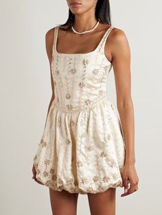 LOVESHACKFANCY Brookhaven embellished mikado mini dress | NET-A-PORTER Bachelorette Fits, Rebecca Hessel, Fancy White Dress, Bridgerton Dresses, Love Shack Fancy, Floral Dresses Short, Fantasy Closet, Iconic Fashion, Bubble Skirt