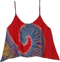 This crop top features a bold red base with a mesmerizing tie-dye swirl pattern that is sure to turn heads.  The spaghetti straps add a touch of delicate femininity to the piece, while the cropped hemline offers a modern, trendy twist. #tlb #vacationclothing #beachwrap #TieDye #Handmade #tiedyetop Red Summer Beach Camisole, Red Camisole For Summer Beach, Spring Red Camisole For Beach, Red Camisole For Summer Beach Party, Red Camisole For Beach In Summer, Red Summer Camisole For Beach, Red Summer Camisole For The Beach, Summer Beach Camisole In Red, Summer Red Tank Top With Adjustable Straps