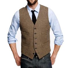 Semi-formal Button Vest For Fall, Semi-formal Sleeveless Vest For Fall, Semi-formal Sleeveless Outerwear With Button Closure, Tailored Sleeveless Casual Vest, Single Breasted Semi-formal Winter Vest, Winter Semi-formal Single Breasted Vest, Single-breasted Semi-formal Winter Vest, Wool Vest With Pockets For Work, Fitted Sleeveless Vest With Pockets