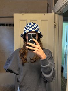 Blue and white checkered bucket hat!  Made of acrylic yarn so will stretch to accommodate larger head sizes. Blue Bucket Hat One Size Fits Most, Checkered Bucket Hat, Blue And White Crochet, Crochet Checkered, Crochet Bucket Hat, Bucket Hats, White Crochet, Acrylic Yarn, Caps Hats