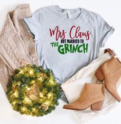 Mrs. Claus Married To The Grinch-[option4]-[option5]-[option6]-[option7]-[option8]-Womens-Clothing-Shop Married To The Grinch, Grinch T Shirt, Grinch Shirt, Santa Sweater, Grinch Shirts, Christmas Merchandise, Red Sand, Holiday Hoodies, Cricut Shirts