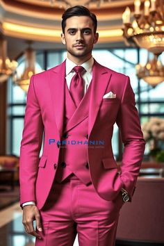 =>UNIQUE CREATION - PLEASE RESPECT COPYRIGHT<= All images and content on this site are exclusively crafted and owned by Paridhanin. Unauthorized copying, sharing, or reproduction is prohibited and will be subject to legal action. Hot pink 3pc wedding suit for Groom and bestman with a matching vest and tailored trousers. It has a white dress shirt underneath, paired with matching tie. The price includes Jacket, vest and pant only. Other accessories if you want like shirt , tie and pocket square will be available on extra cost. For this message us in personalisation box. The suit is meticulously crafted from a luxurious  polyester blended fabric, ensuring both a sleek appearance and superior comfort. Whether you're attending a wedding, graduation ceremony, going on a special date, hosting an Wedding Suit For Groom, Suit For Groom, Formal Dress For Men, Mens Wedding Suits, Wedding Tux, Hot Pink Weddings, Wedding Suits Groom, Pink Formal Dresses, Shirt Tie