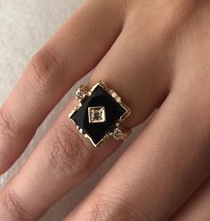 Elegant Gold Diamond Ring With Black Diamonds, Black Onyx Rings With Diamond Accents, Black Fine Jewelry Ring As A Gift, Black Fine Jewelry Rings As Gift, Fine Jewelry Black Rings As Gift, Black Fine Jewelry Rings For Gift, Elegant Onyx Diamond Ring Gift, Classic Black Jewelry With Black Diamonds, Elegant Onyx Diamond Ring As Gift