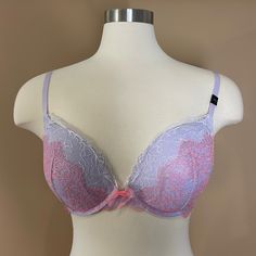 Lavender And Pink Lace Dream Angels Bra. New With Tags! Victoria's Secret Purple Underwire Bra, Fitted Purple Bra With Lace Trim, Victoria's Secret Lavender Underwire Bra, Fitted Lavender Victoria's Secret Bra, Victoria's Secret Feminine Purple Bra, Lavender Push-up Bra, Fitted Lavender Bra For Spring, Feminine Fitted Purple Bra, Fitted Feminine Purple Bra