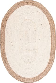 an oval rug with beige and white colors on the bottom, it is made out of ju