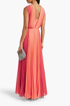 Model is 177cm/ 5'10' and is wearing a US 2.Style yours with drop earrings and towering heels for an evening spent celebrating.Gown.Two-tone.Chiffon.Pleated.Concealed hook and zip fastening at back.Fully lined.Non-stretchy fabric.Mid-weight fabric.Dry clean.Imported.Size & Fit:.Designed to be fitted at the waist, slightly loose at the bust and hip.Fits true to size, take your normal size Summer Maxi Dress With Sweep Train For Gala, Pleated Back Maxi Dress For Gala And Prom, Maxi Dress With Pleated Back For Prom Gala, Pink Pleated Back Dress For Gala, Pleated Back Maxi Dress For Wedding, Glamorous Chiffon Maxi Dress For Cocktail, Wedding Maxi Dress With Pleated Back, Summer Formal Maxi Dress With Sweep Train, Chic Prom Gown With Pleated Back