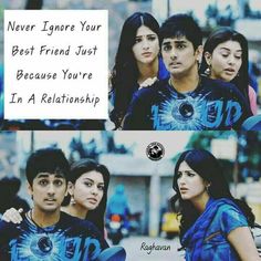 two people standing next to each other with the caption never ignore your best friend just because you're in a relationship