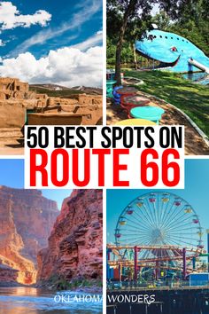 the top 50 best spots on route 66 are featured in this postcard collage