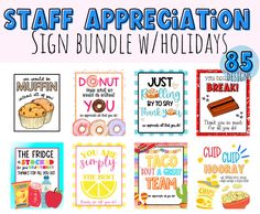 a bunch of cards that are on top of a white tablecloth with the words, staff appreciation sign bundle