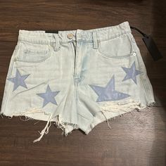 High Rise Shorts With Stars Size 26 Nwt Trendy Relaxed Fit Bottoms With Star Print, Blue Star Print Short Bottoms, Blue Shorts With Star Print, Blue Star Print Shorts, Spring Trendy Star Print Bottoms, High Rise Cotton Bottoms With Star Print, Trendy High Rise Bottoms With Star Print, High Waist Jean Shorts With Star Print For Summer, Trendy Jean Shorts With Star Print For Summer