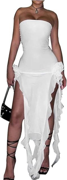 Amazon.com: SHESEEWORLD Women's Sexy Fringe Ruffle Sleeveless Backless Off Shoulder Bodycon Split Irregular Hem Maxi Flowy Dress White : Clothing, Shoes & Jewelry Long Dress Y2k, Sheer Mesh Bodycon Dress, Split Long Dress, Sheer Mesh Dress, Strapless Bodycon Dress, Dress Y2k, Tassel Dress, Strapless Floral Dress, Summer Elegant