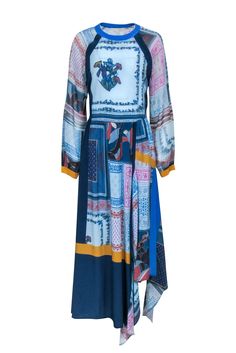 Current Boutique-BCBG Max Azria - Blue Silk Multi Print Maxi Dress w/ Hi-Low Hem Sz XXS Mixed Patterns, French Fashion Designers, Printed Scarf, Bcbg Max Azria, Max Azria, Blue Silk, Pattern Mixing, Printed Maxi, French Fashion