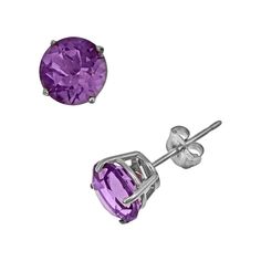 Earring Details: Diameter: 7 mm Backings: post Metal: rhodium-plated sterling silver Stone Details: Stone type: genuine African amethyst Cut: round Setting: prong  Size: One Size. Color: Purple. Gender: female. Age Group: adult. Purple Birthstone Earrings For Formal Occasions, Classic Round Amethyst Earrings, Formal Purple Birthstone Earrings, Purple Amethyst Earrings With Prong Setting, Classic Purple Gemstone Earrings, Purple Earrings With Prong Setting For Gift, Classic Purple Jewelry With Matching Earrings, Amethyst Studs, Post Metal