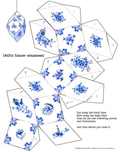 the instructions for how to make an ornament with blue and white flowers on it