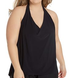 This sophisticated tankini top features simple, non-tricky styling that's graceful for pool or beach. Tankini has hidden, built-in shelf bra with lined, underwire cups. Has horizontal darts for shape and free of padding and removable padding. Shelf bra sides, inside top of sides, and back is outlined with covered elastic and has microfiber lining. Draped cowl neckline is elegant and feminine. Microfiber fabric halter ties secure behind neck. Straight back has covered elastic for fit. Razor-cut e Triangle Top With Built-in Bra For Pool, Solid Color Triangle Top With Built-in Bra, Stretch Top For Pool, Stretch Tops For Pool In Solid Color, Beachwear Tops For Poolside, Tops With Built-in Bra For Vacation, Solid Tops With Built-in Bra For Vacation, Solid Color Tops With Built-in Bra For Vacation, Solid Halter Neck Tankini With Built-in Bra