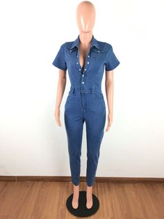 Color: Light Blue Size: S,M,L,XL Material: Denim Length: Long Wash&Care: Hand Wash Closure Type: Button Up Pattern Type: Solid Style: Fashion Neckline: Turndown Collar Sleeve Length: Short Sleeve Sleeve Style: Regular Sleeve Stretchability: Non-Stretchable Gender: Women Size Chart Inches Size Length Bust Waist Hip S 57.09 31.50 25.98 35.43 M 57.48 33.07 27.56 37.01 L 57.87 34.65 29.13 38.58 XL 58.27 36.22 30.71 40.16 Warm Tips 1. This Clothing Size Information Is Just For Reference Only. Please Button Up Pattern, Turndown Collar, Color Light Blue, Denim Jumpsuit, Color Light, Single Breasted, Sleeve Styles, Style Fashion, Button Up